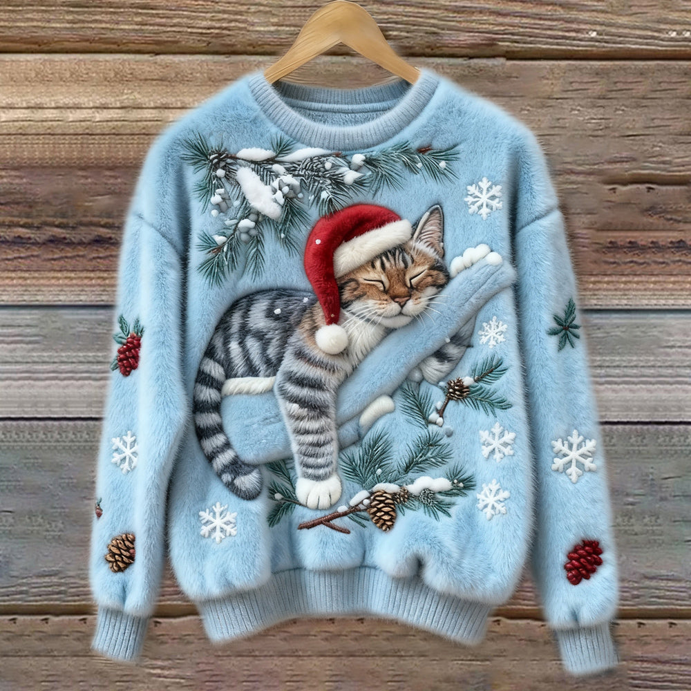 Elena – Kersttrui met slapende kat en wintertakken