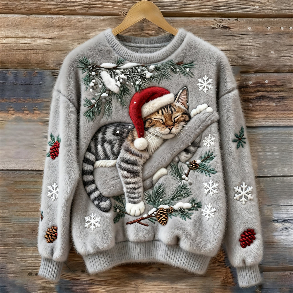 Elena – Kersttrui met slapende kat en wintertakken