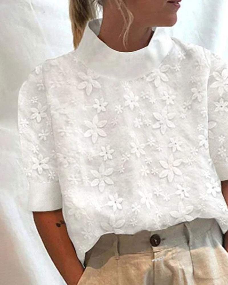 Blouse met geborduurde effen staande kraag