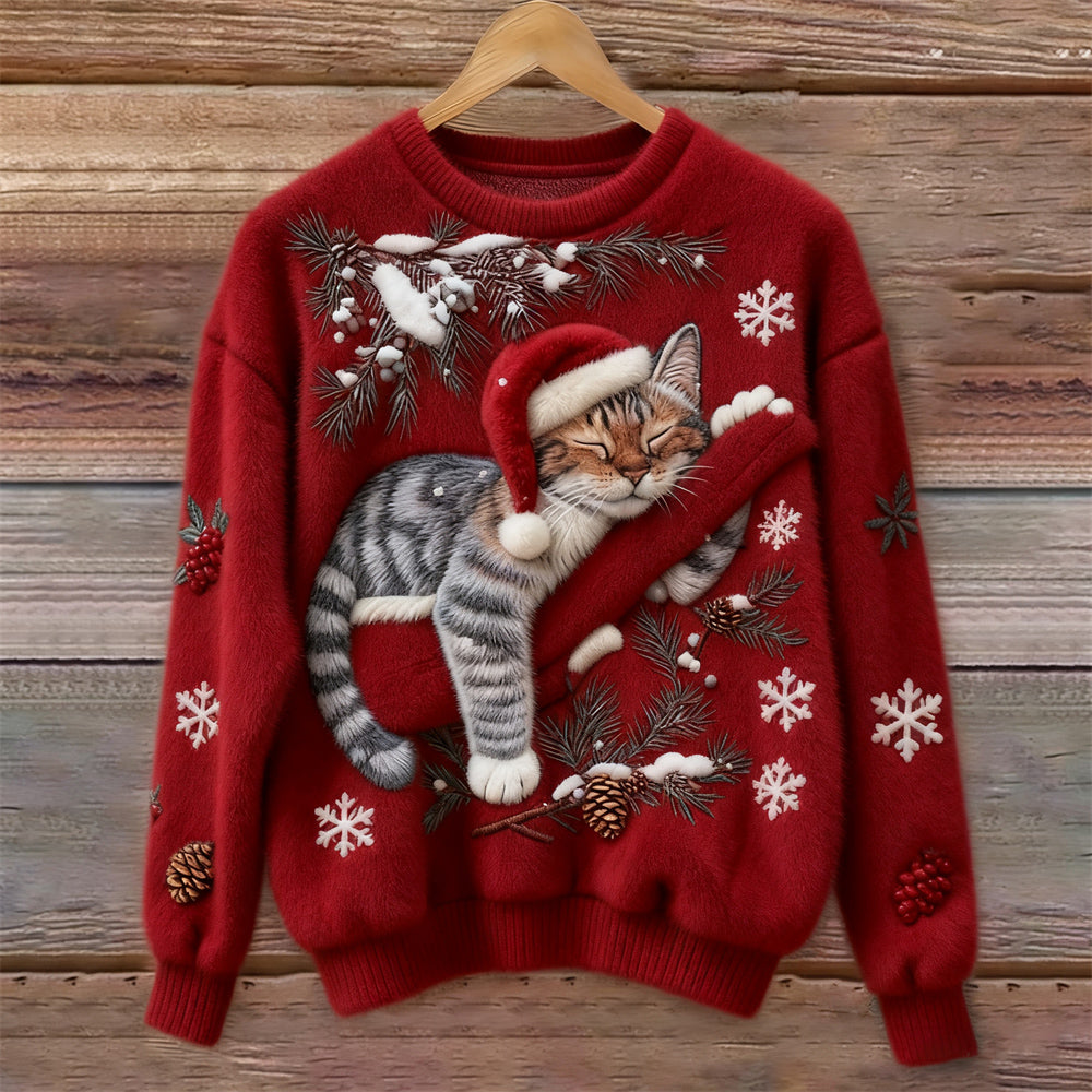 Elena – Kersttrui met slapende kat en wintertakken