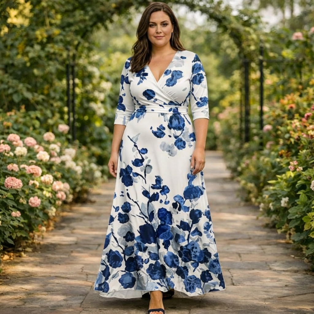 Mireva | Blauw Bloemen Wikkel Maxi Jurk