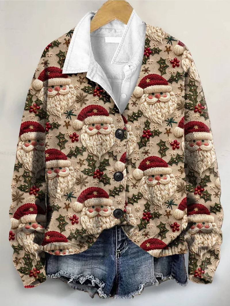 Saar – Kerstblouse met klassieke kerstmanprint