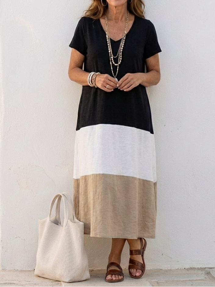 Thalia - Maxi-jurk met Korte Mouwen en Kleurblok