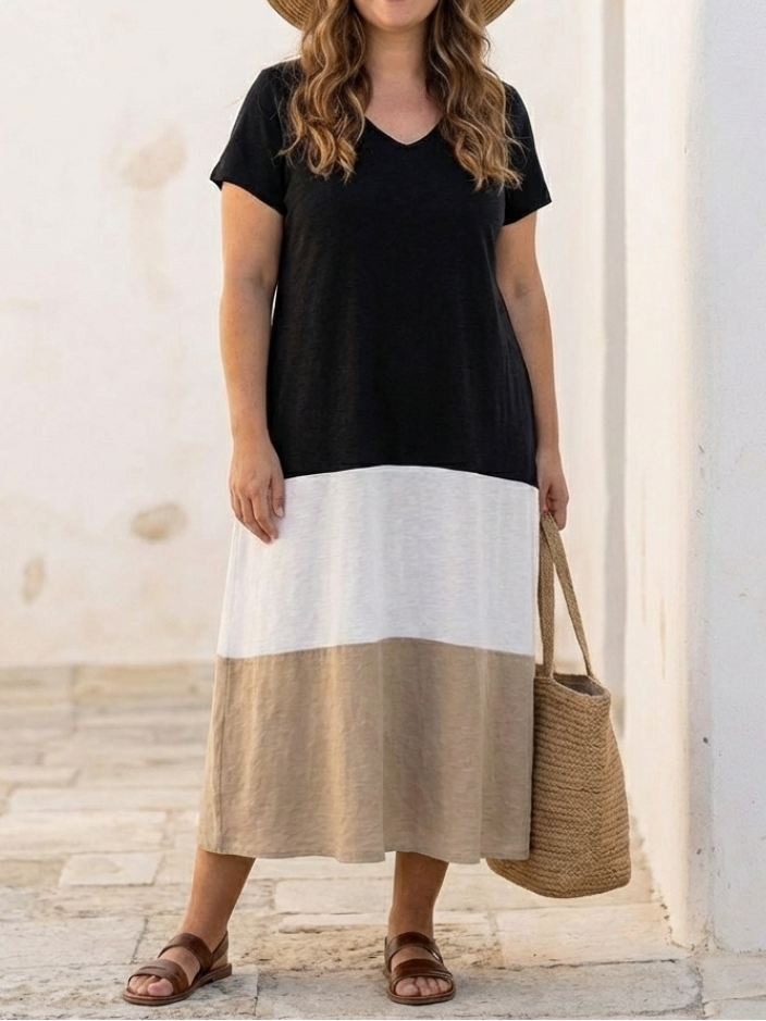 Thalia - Maxi-jurk met Korte Mouwen en Kleurblok