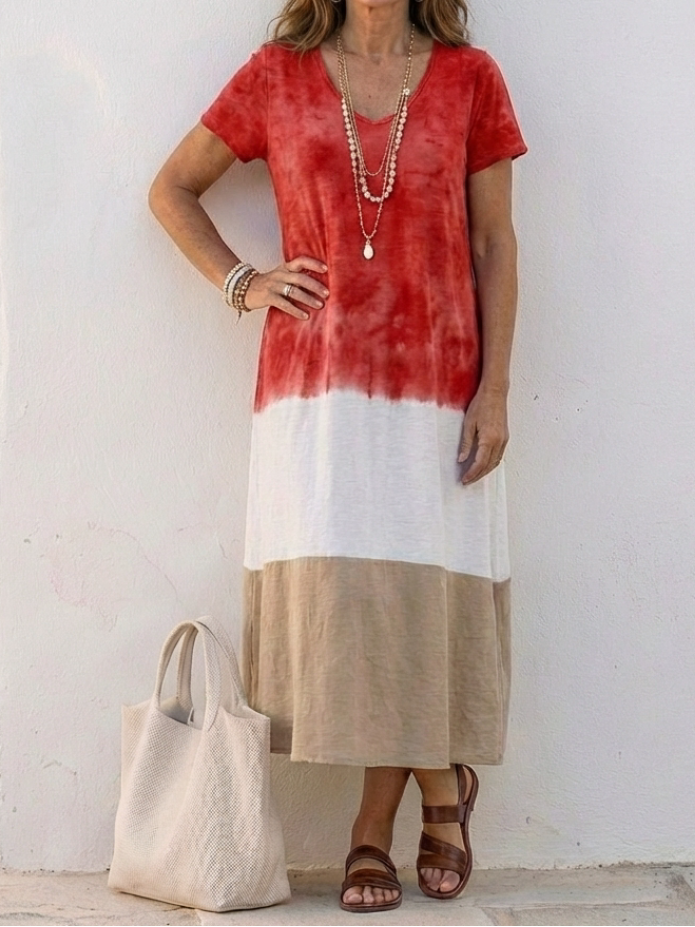 Thalia - Maxi-jurk met Korte Mouwen en Kleurblok