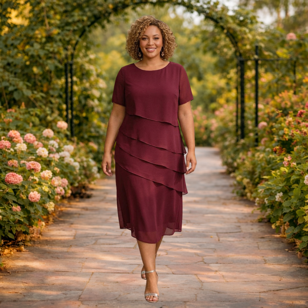 Elena | Laagjes Chiffon Midi Jurk