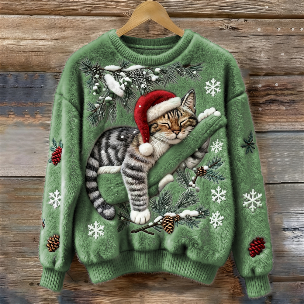 Elena – Kersttrui met slapende kat en wintertakken