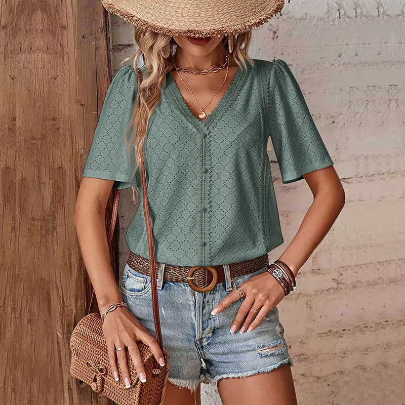 ADELHEID I KORTE MOUW BLOUSE MET V-HALS