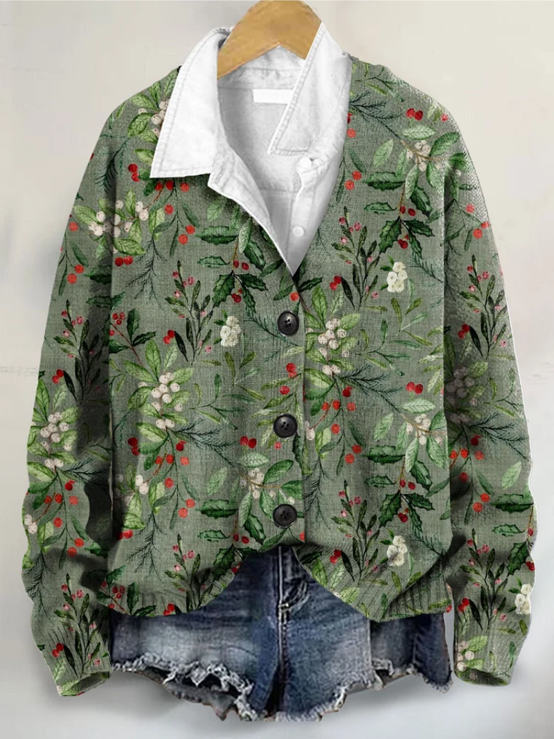 Maren – Gebreide blouse met winterse takkenprint