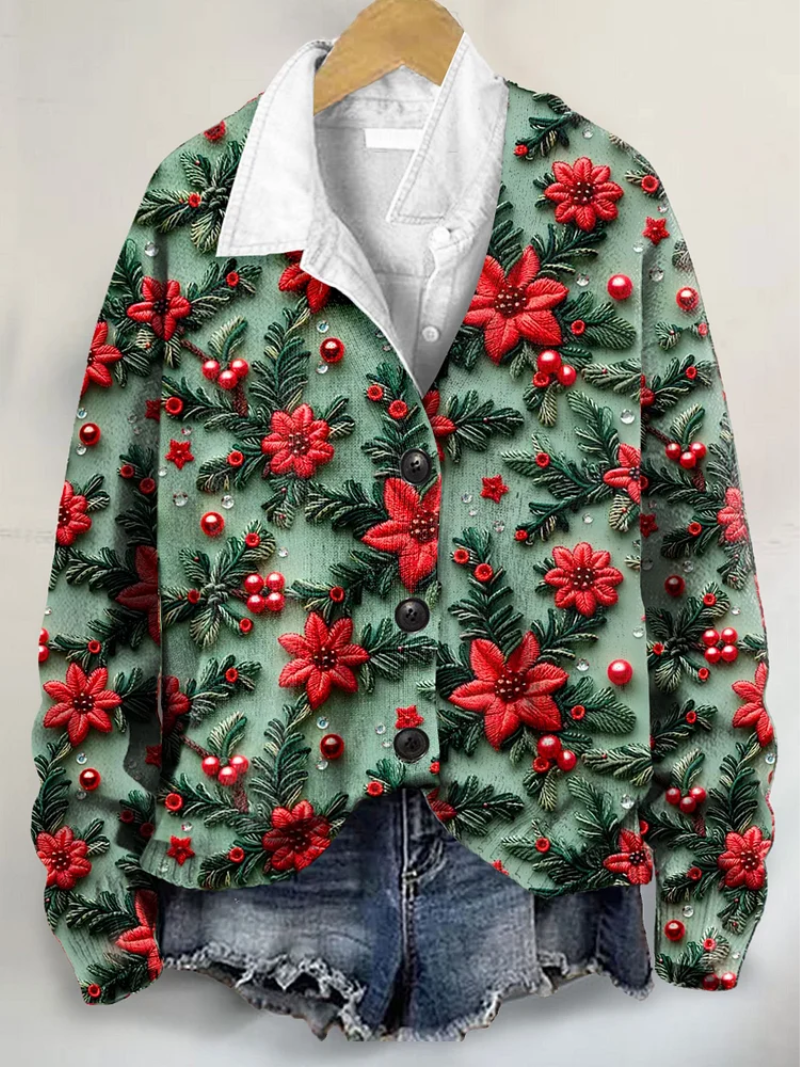 Flora – Gebreide blouse met kerstbloemen