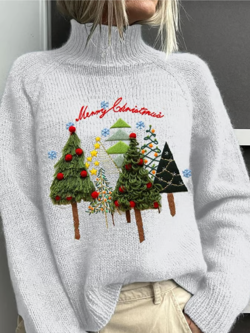 Elin - Kersttrui met kerstbomen en borduurdetails
