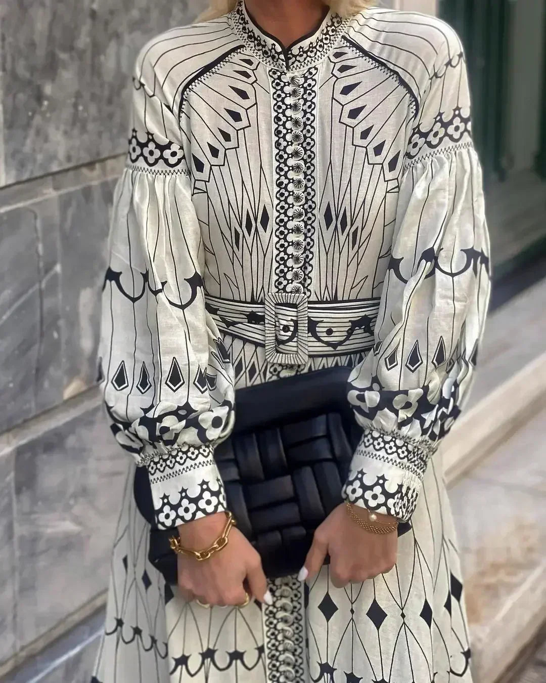 Eulalia - Retro Staande Kraag Boho Jurk
