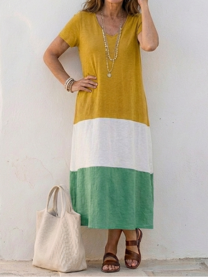 Thalia - Maxi-jurk met Korte Mouwen en Kleurblok