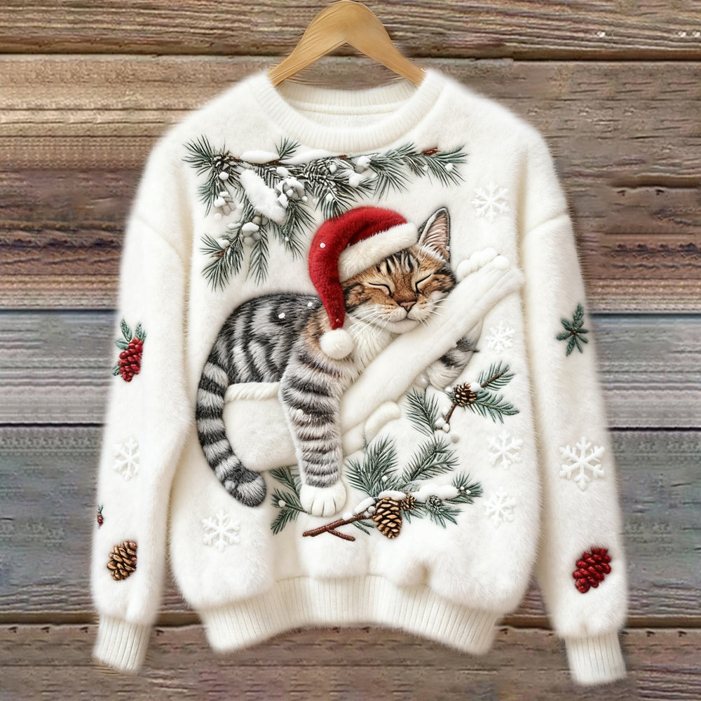 Elena – Kersttrui met slapende kat en wintertakken