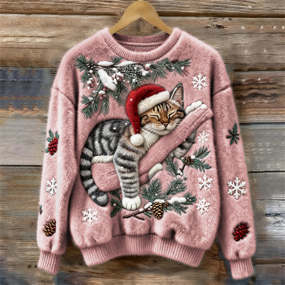 Elena – Kersttrui met slapende kat en wintertakken