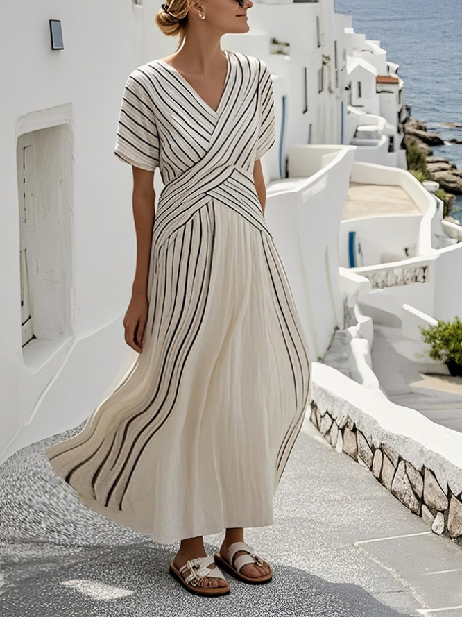 Cressida - V-Hals Maxi Jurk met Korte Mouwen en Vlecht Taille